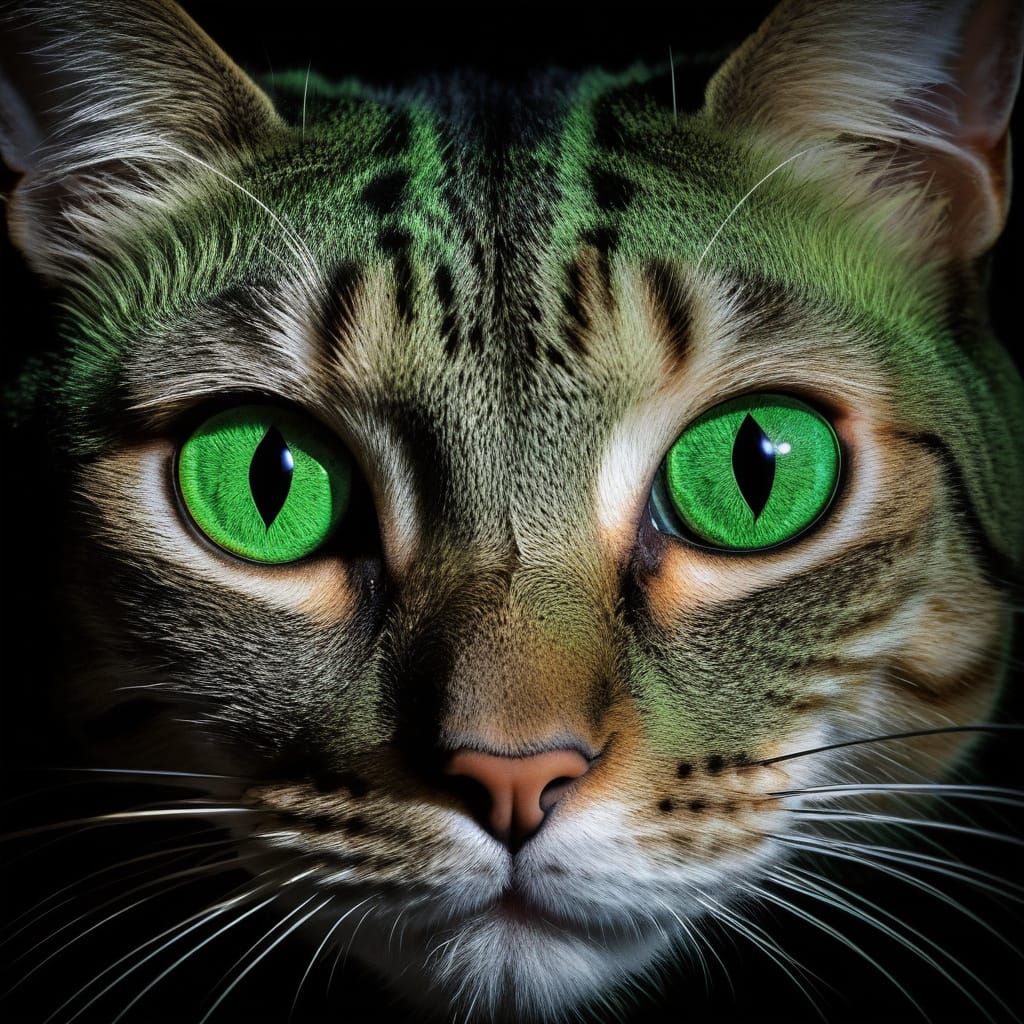 Peering from the dark recesses, the glowing green cats eyes illuminate the space in a gentle but fearsome glow. Barely two green circles sur...