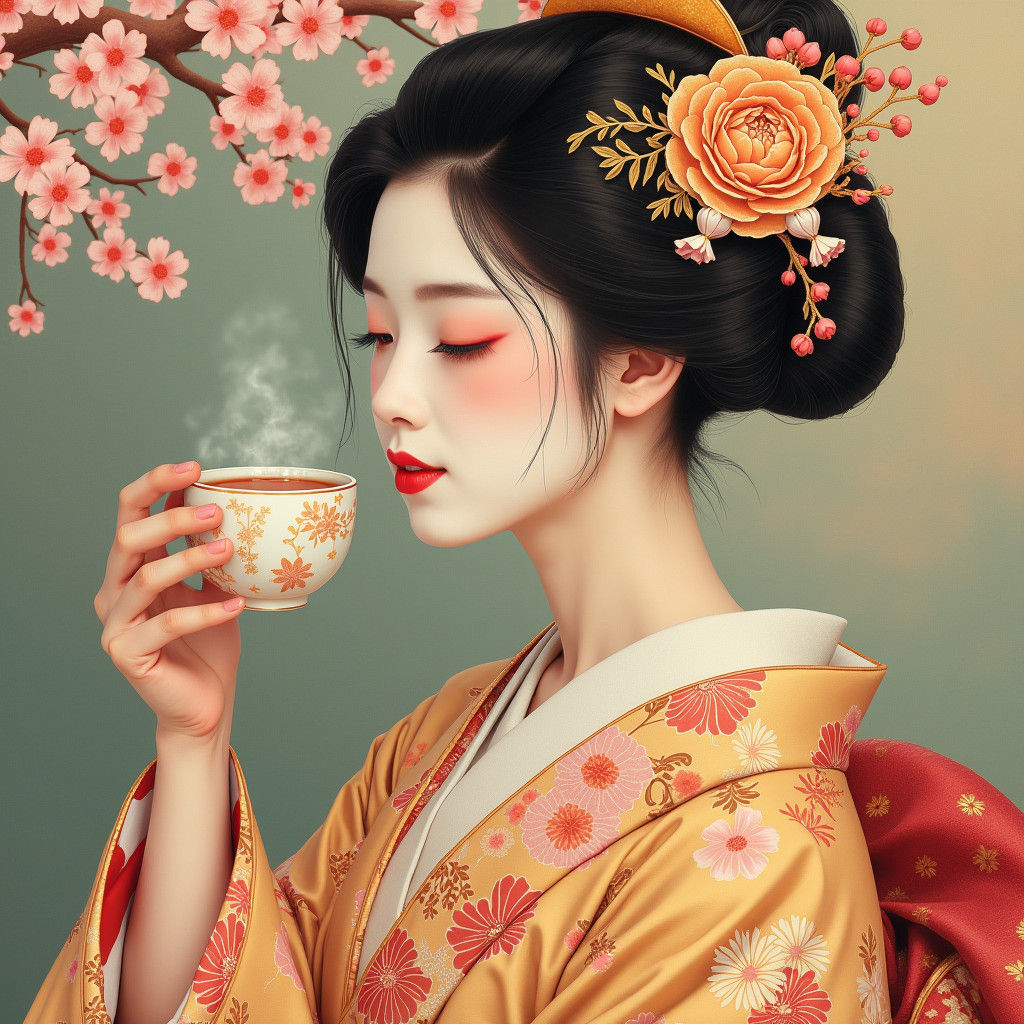 geisha in a resplendent, hand-painted kimono adorned with de...