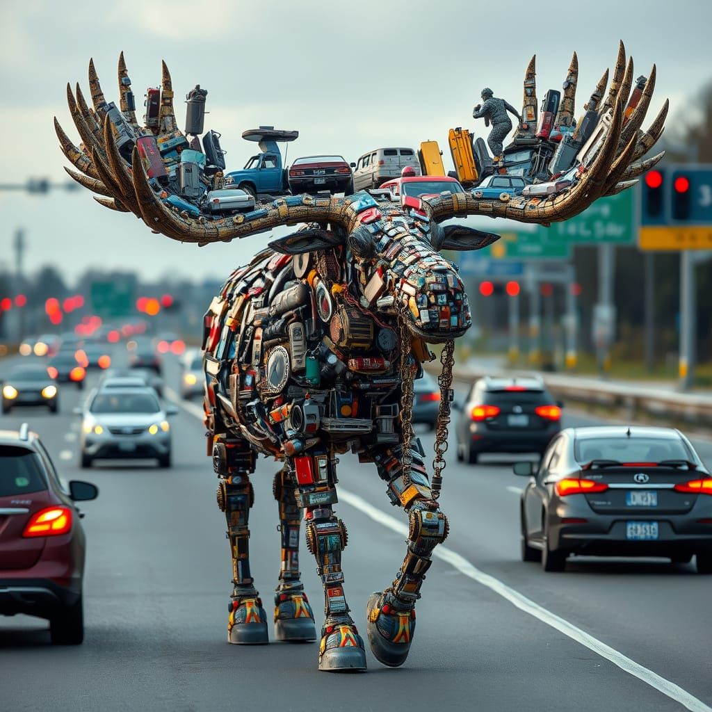 a giant moose made entirely out of cars. walking down the busy highway.

intricate, hyper-vivid  by @Connie