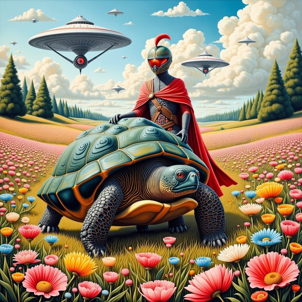 <lora:Surreal Sunday Flux:0.6>Insanely_detailed_hyperrealistic_stylized_whimsical_watercolor_painting_of_a_stunning_beautiful_cute_turtle_w...