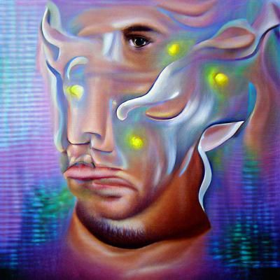 Taurus man stays silent oil on canvas holographic