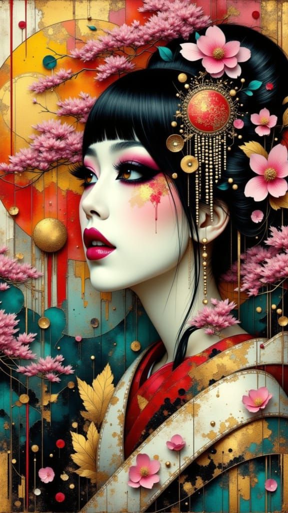 Japanese Geisha in Abstract Fantasy Garden