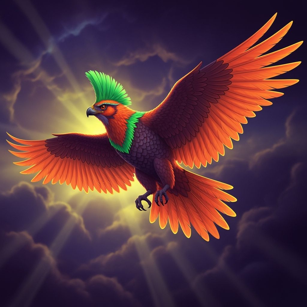 A neon green murderhawk with neon orange wings , neon orange head , and neon orange tail soaring through ...  by @Joe