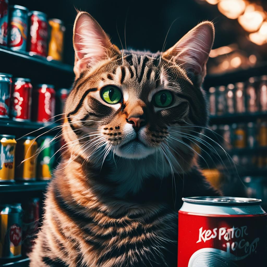 a cat smelling a can of pop