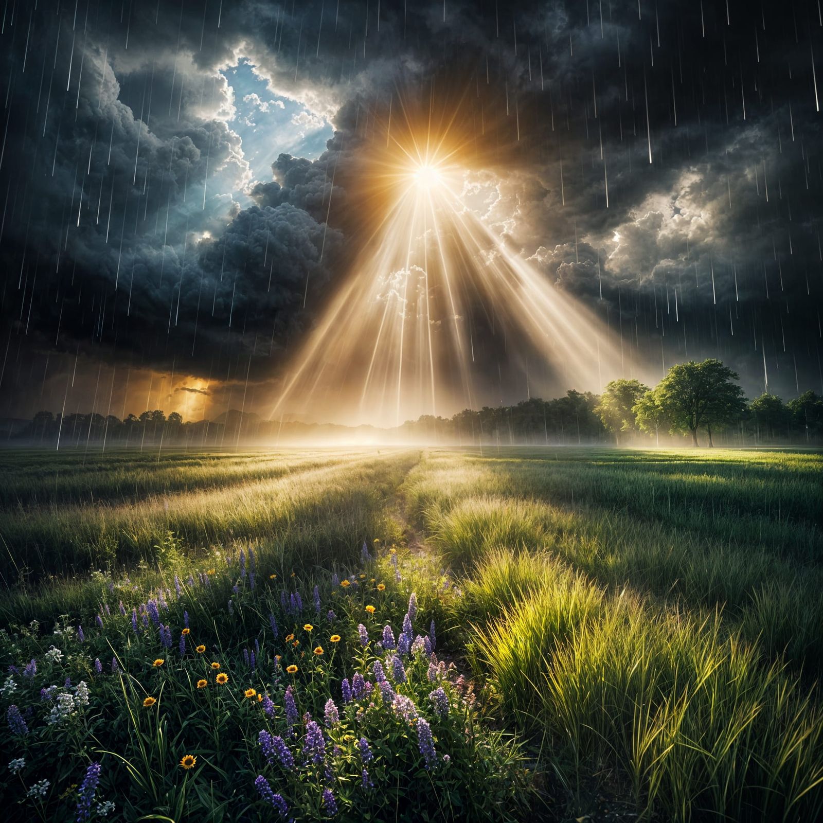 have rain in a summer field, sun shining through dark storm clouds creating an erie scene