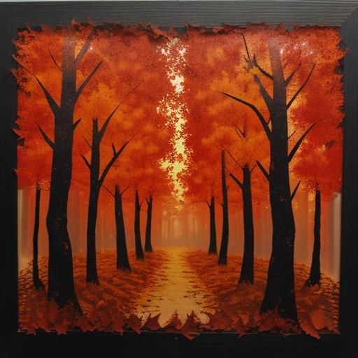 textured torn paper art. Autumn trees blended with a wildfir...