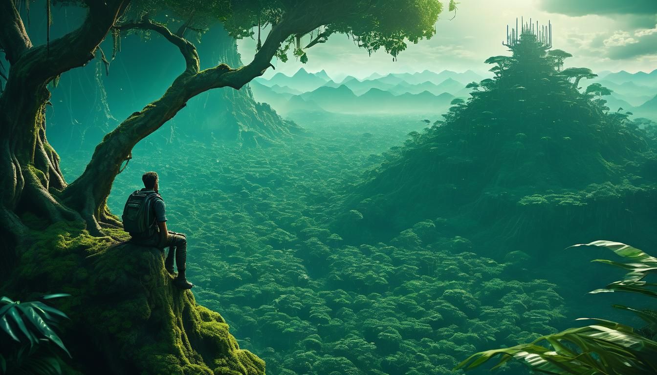 explorer sitting atop a tall tree looking over a vast alien jungle with rich foliage  by @Spearmint