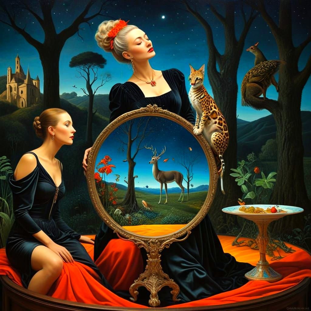 Surreal Woman with Exotic Animals in Vibrant Colors