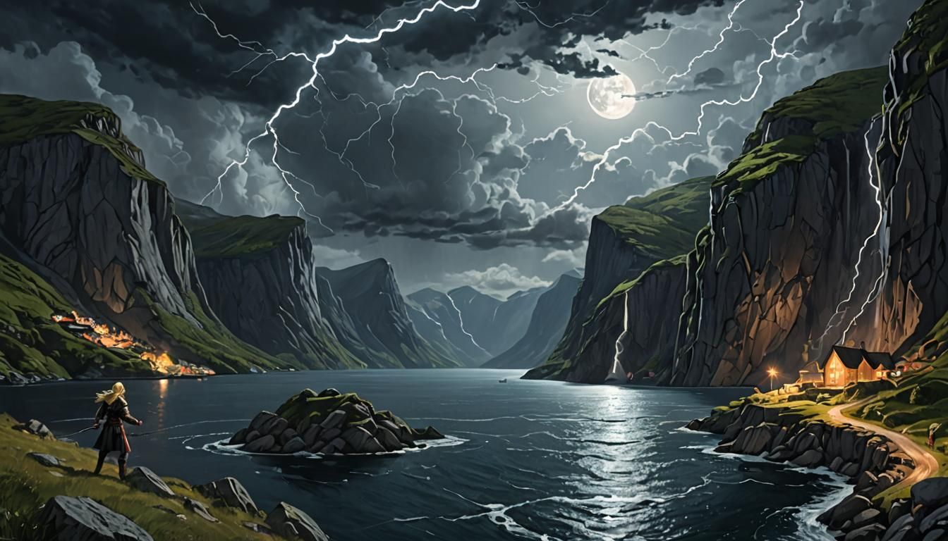 In a dramatic Norwegian fjord landscape, dark clouds swirl m...