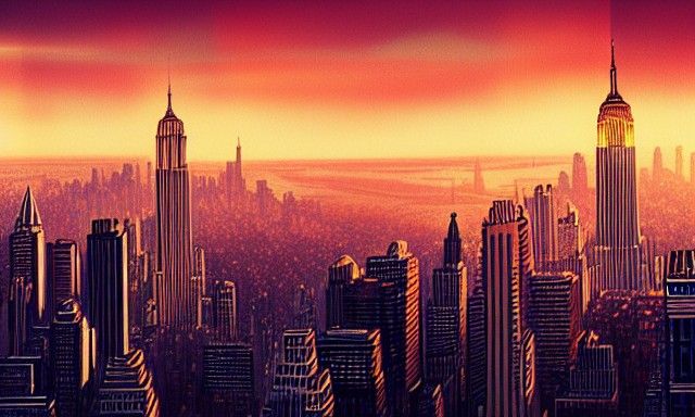 New York City Skyline At Dusk Sunshine Rays Synthwave Detailed