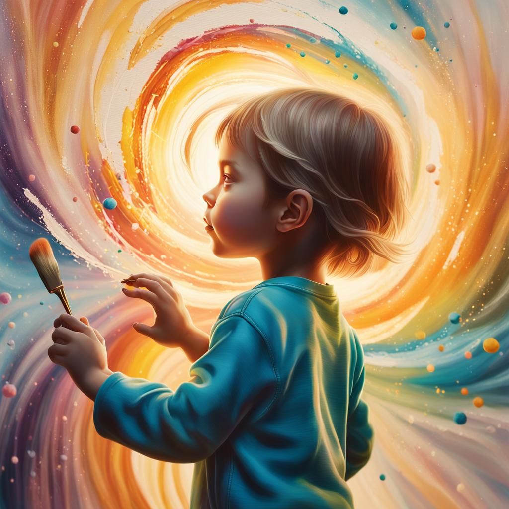 Child Artist Surrounded by Glowing Colors in Enchanting Drea...