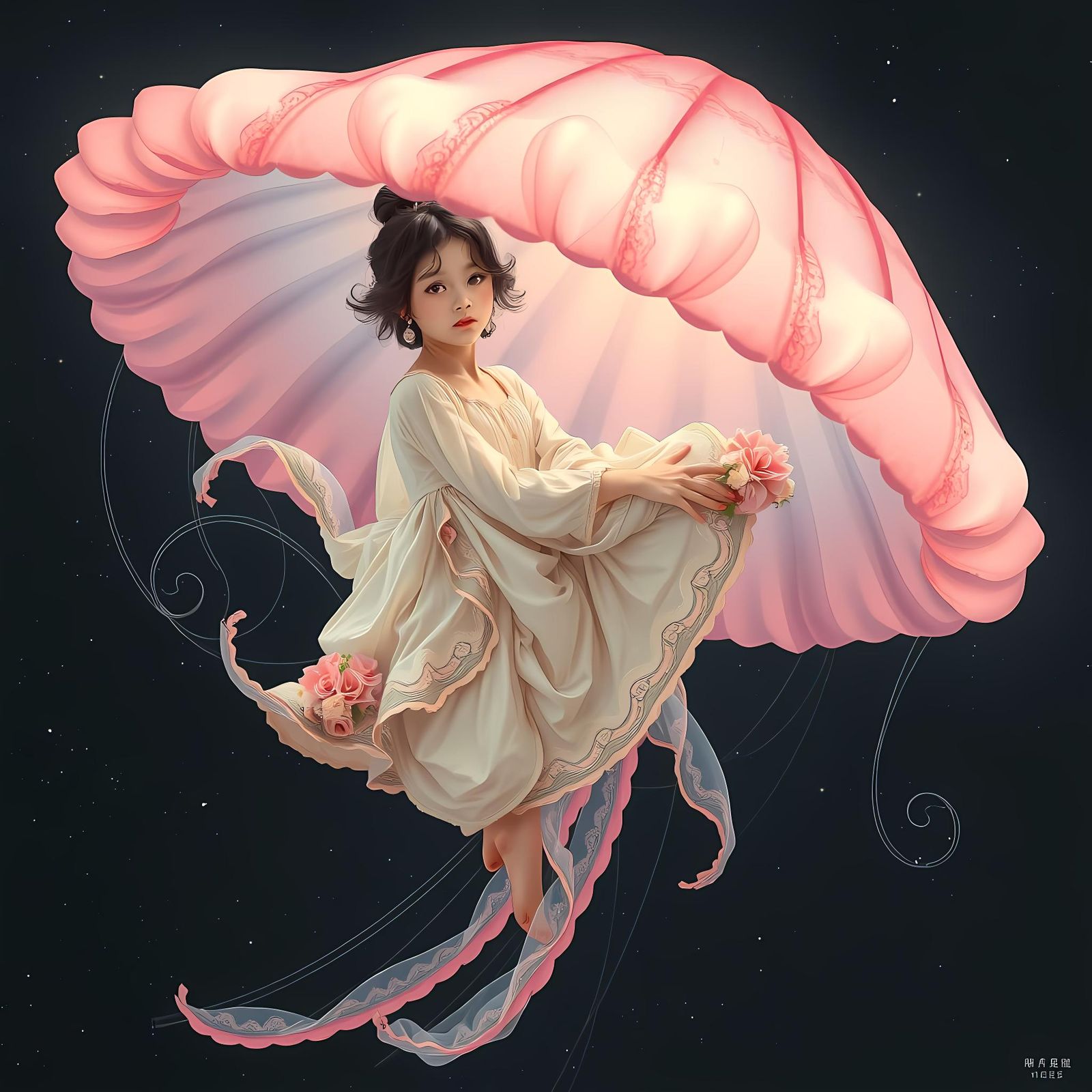 Girl on Macaron Jellyfish in Space, Art Nouveau