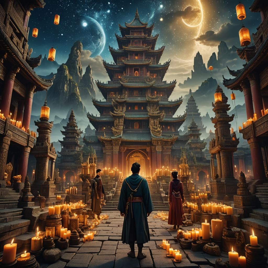 Mystical Temple Scene in Surrealist Style