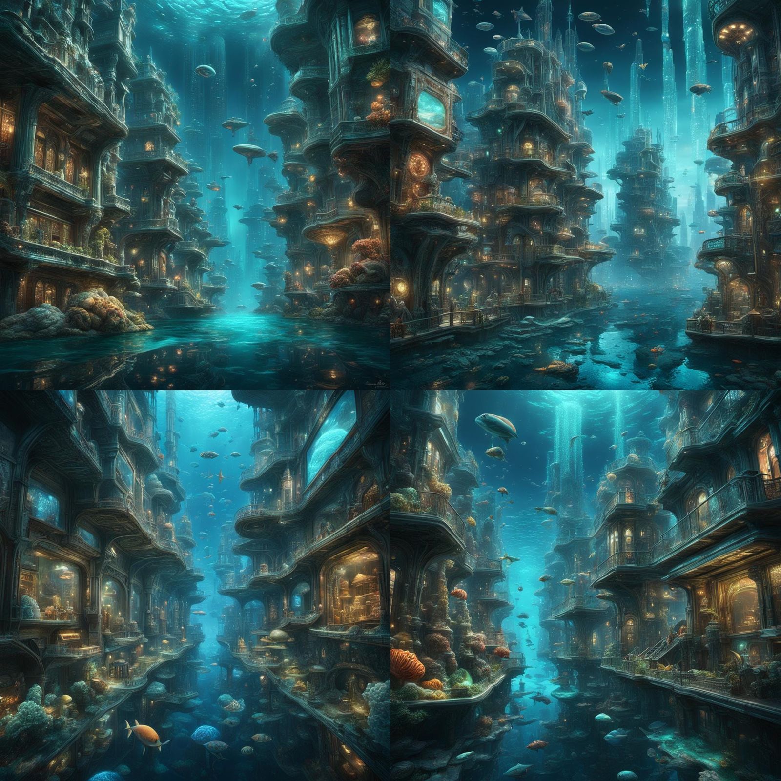 Bioluminescent Underwater Cityscape in Steampunk Futurism