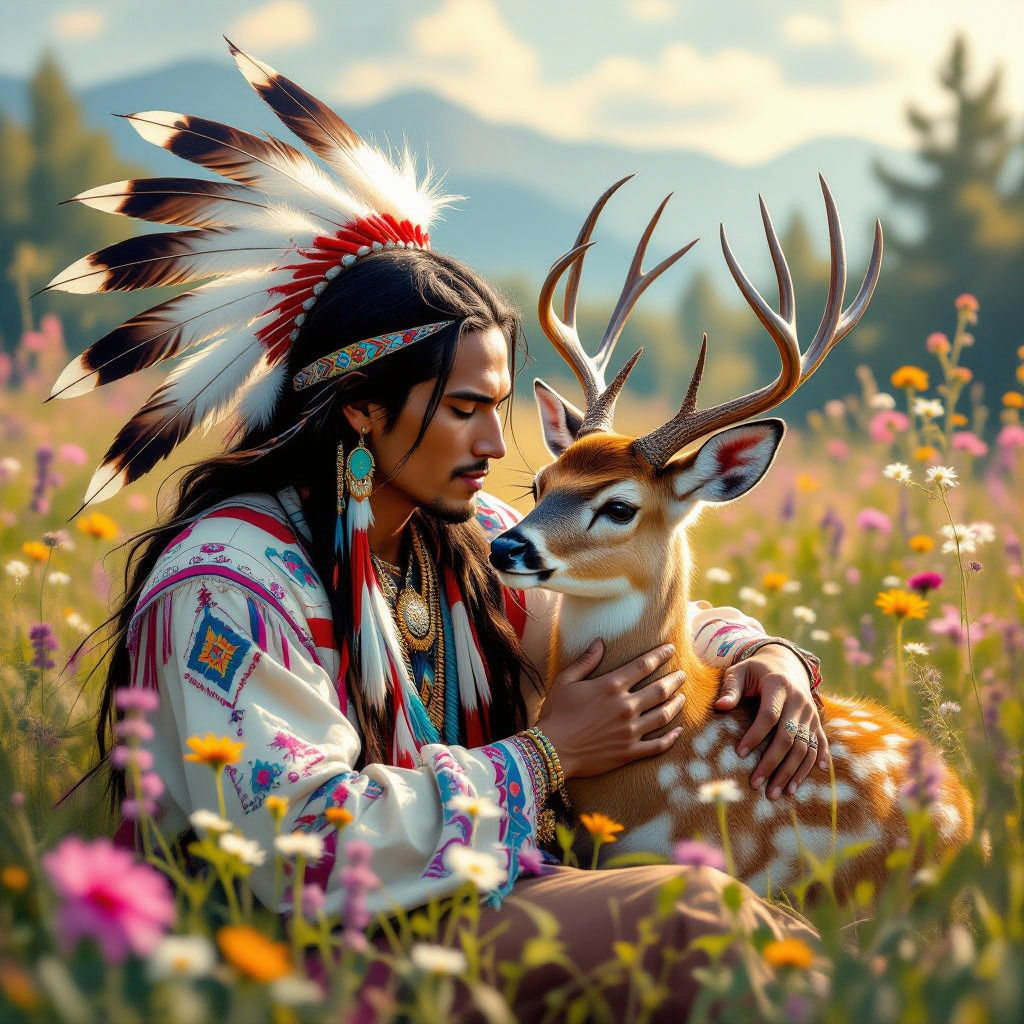 A beautiful American Indian man is showing affection to a De...
