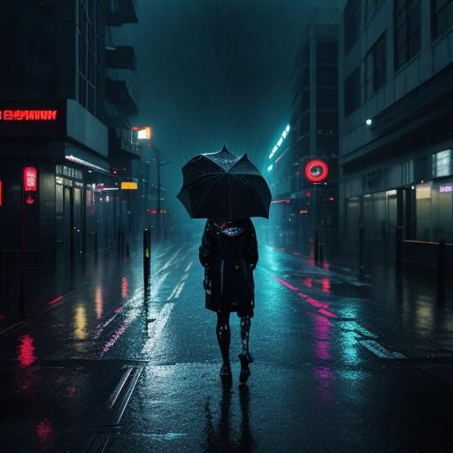 Cyberpunk Cityscape: Lightning Illuminates Rainy Streets