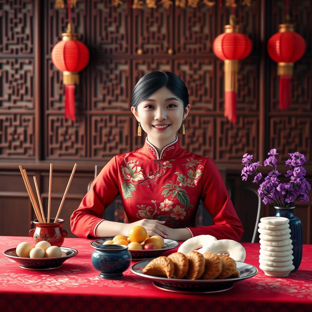 A  beautiful  Chinese  girl  smiling and wearing a cheongsam...