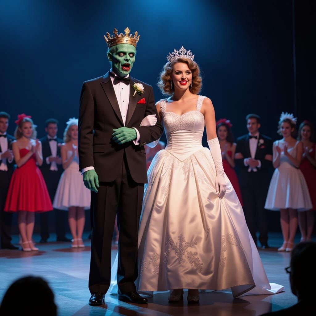 The zombie king and queen of prom night on stage, at midnight 1956 