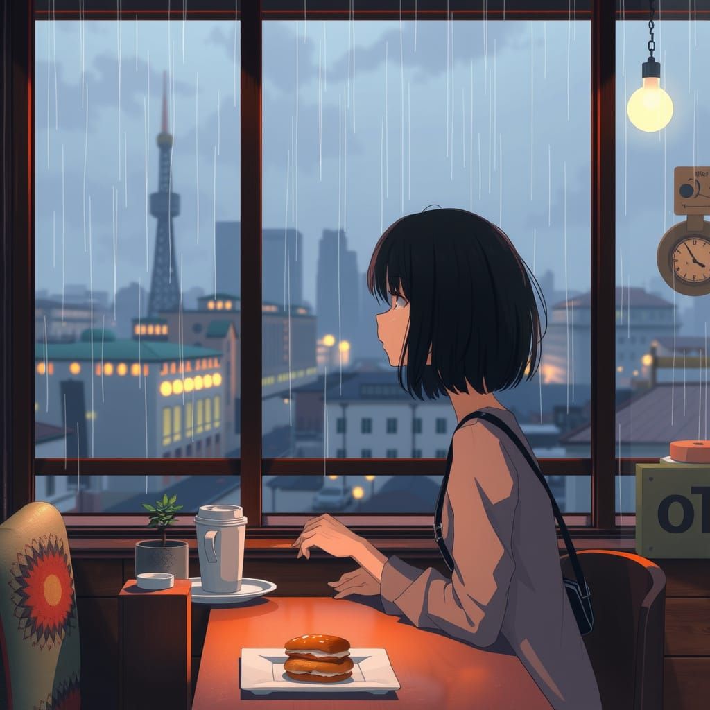 Melancholic Anime Girl in a Rainy Cafe Scene