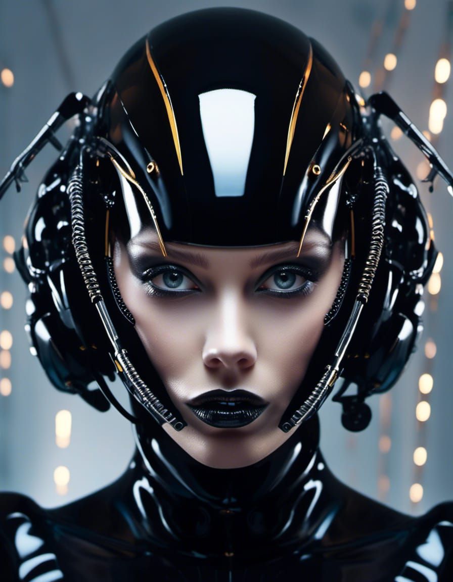 UHD hyperrealistic portrait of a stunning beautiful robotic young woman dressed in black latex with helmet and glowing eyes. 8k. chromatic a...