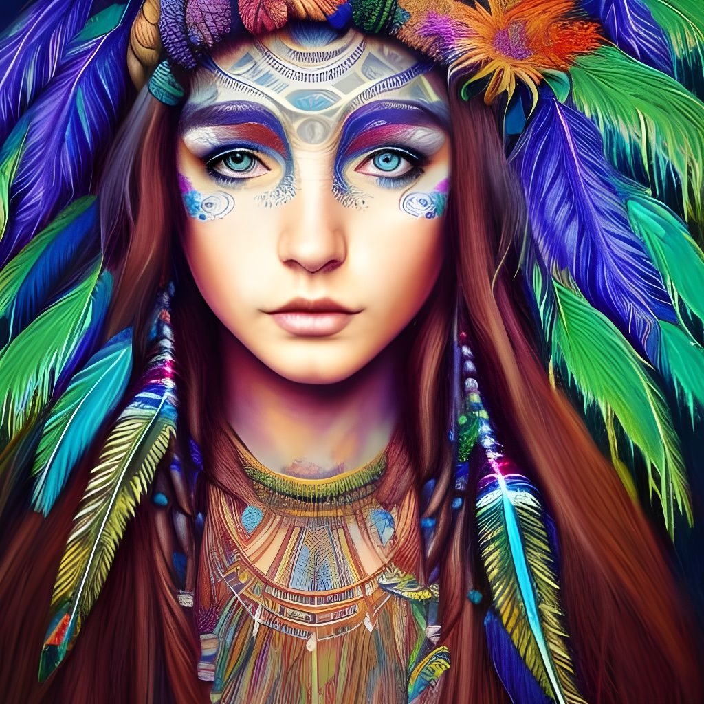 close up of head of boho Mother Earth; intricately detailed beautiful ...