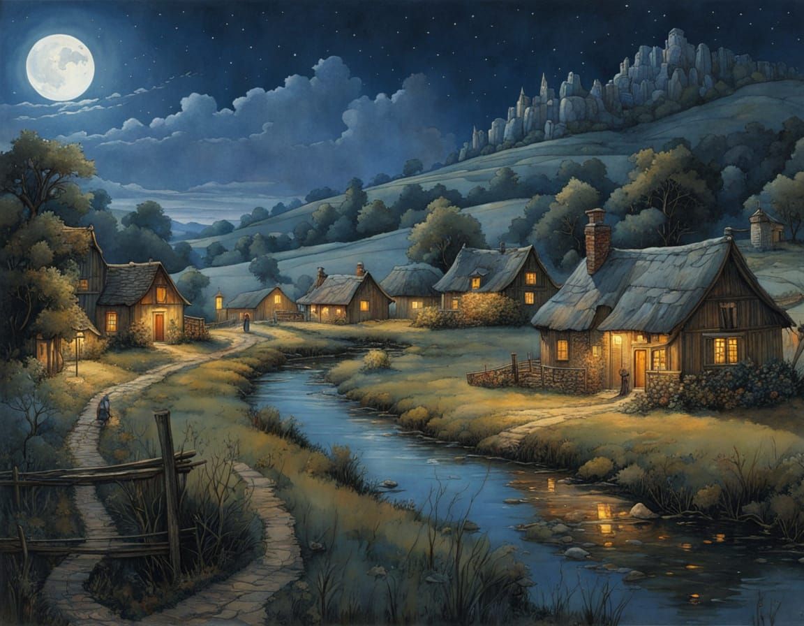 Night Over Rustic Village: Storybook Watercolor Illustration