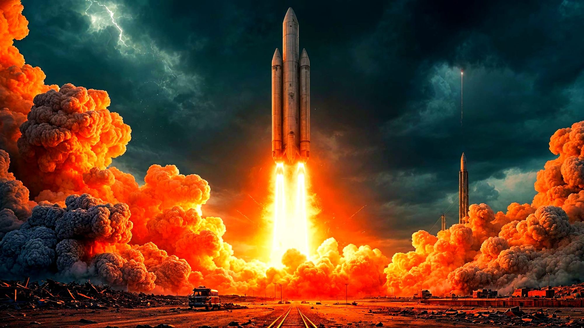 An ICBM launch sequence is depicted in a gritty, comic book art style. The rocket stands tall against a stormy, bruised sky, with dramatic light.