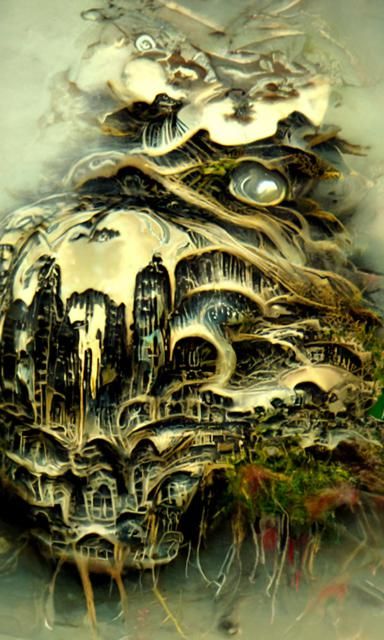 A forest ghost city with hyperdetailed painting of buildings...