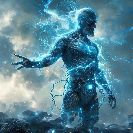 <lora:Godlike-Energy DSv8:1.0>Human standing on a cloud of electricity, fusion zeus, abstract art, colors fine details
