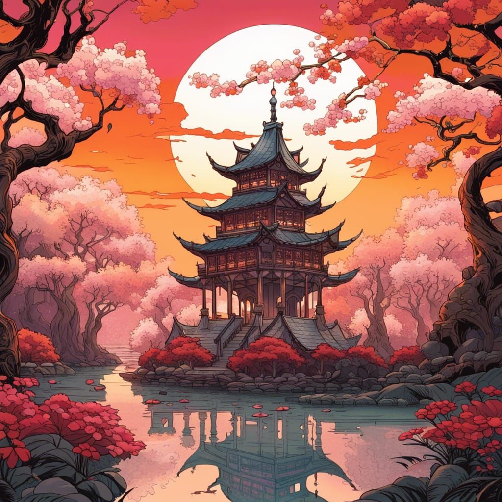 Oriental Water Garden at Sunset in Comic Book Style