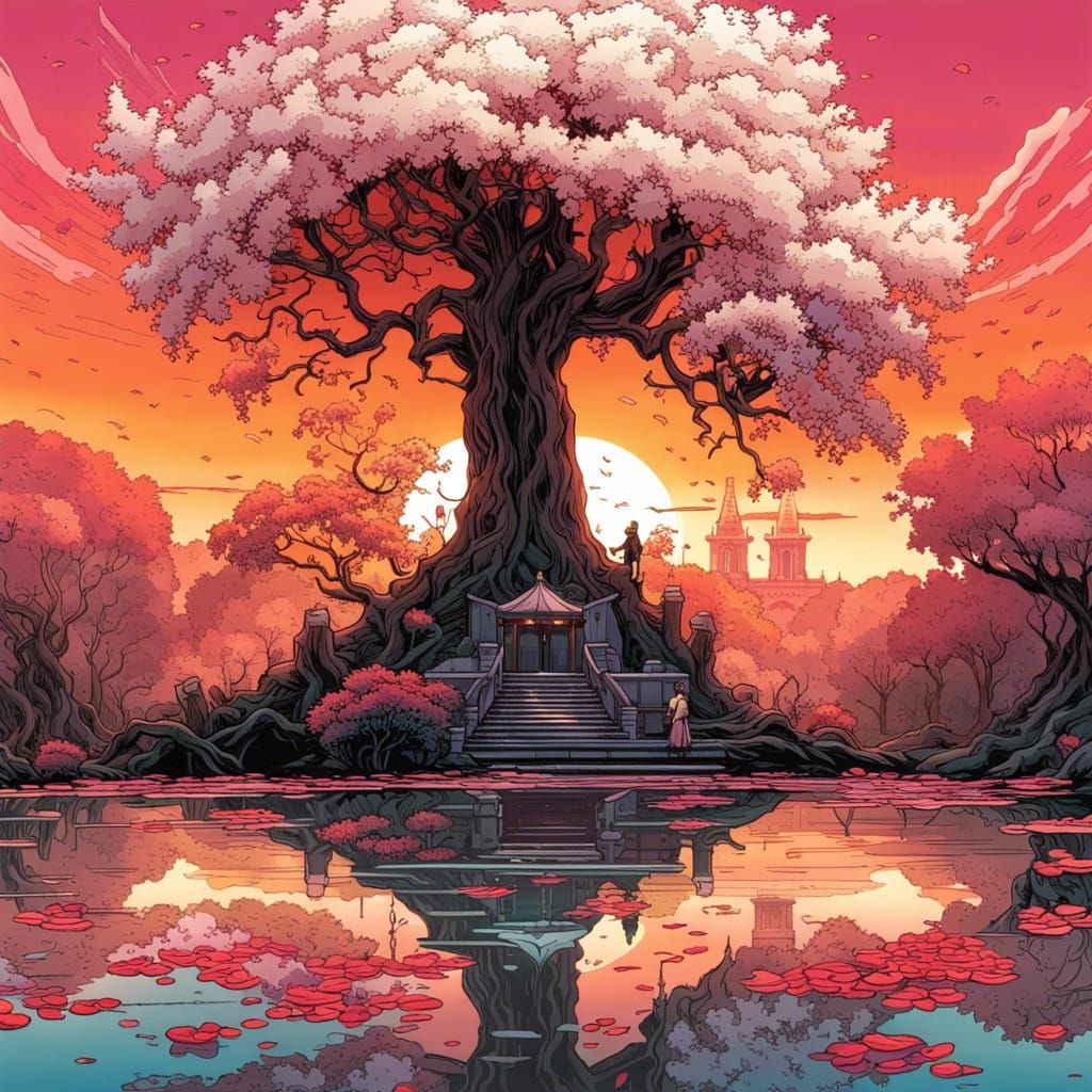 High Gothic Oriental Water Garden at Sunset