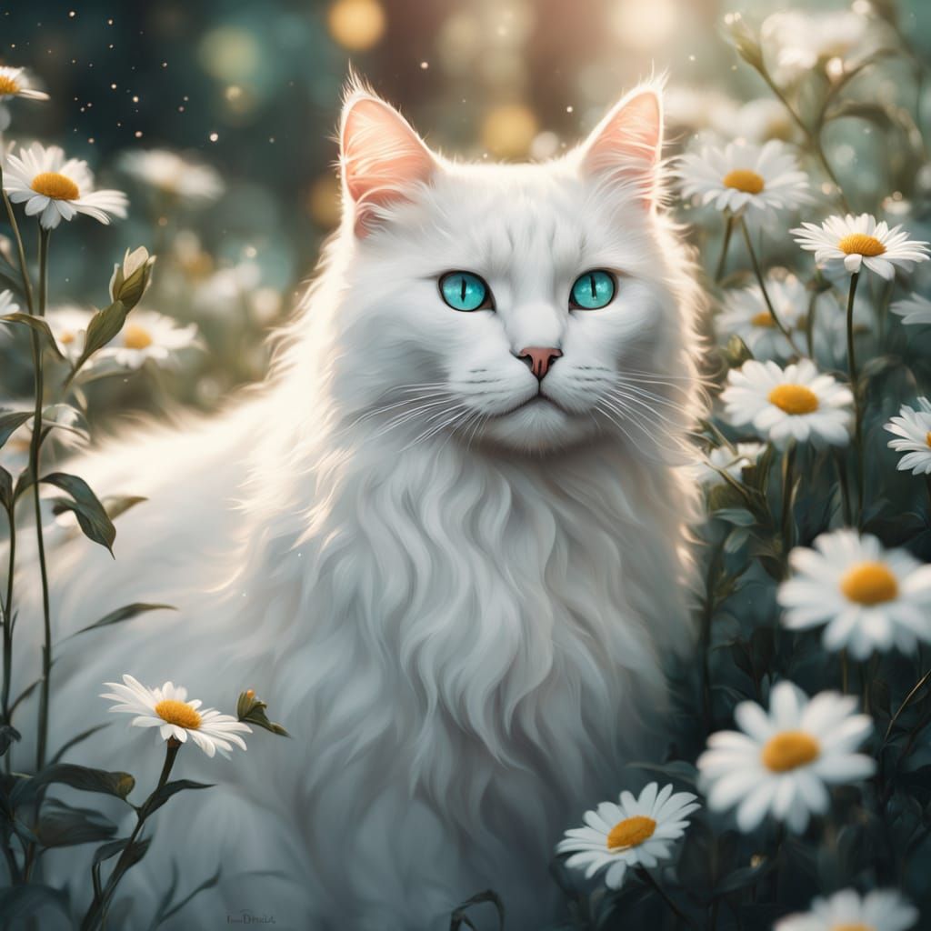 Fluffy White Cat with Turquoise Eyes in Dreamy Garden