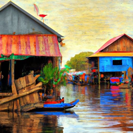 A beautiful CAMBODIAN fishing villageelegant  extremely detailed  fantasy  intricate  rose tones  oil on canvas  cinem...