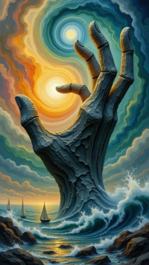 Colossal Stone Hand Grasping Aurora Sun Above Ocean