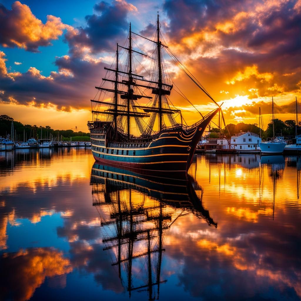 Multi color Sunset, reflection of pirate ship and sky on the...
