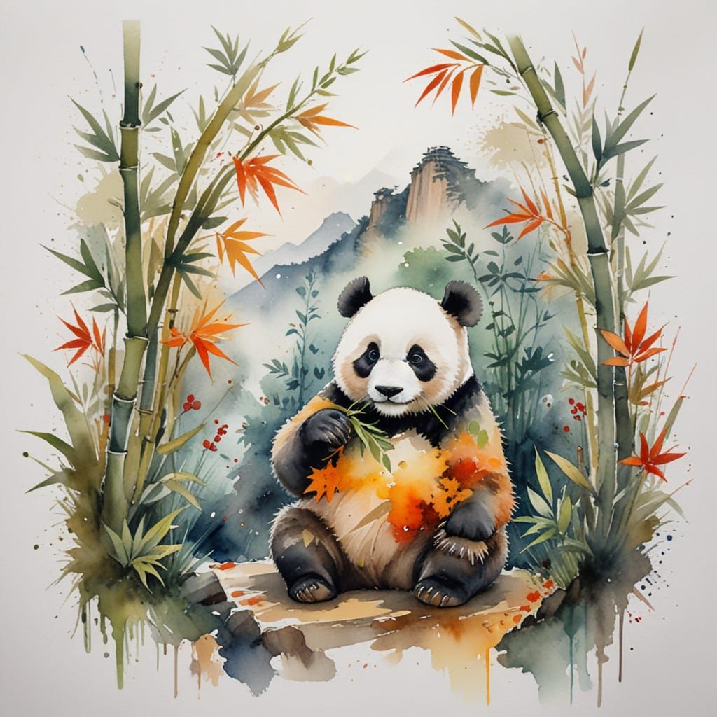 Cute Panda in Bamboo Forest, Watercolor Style