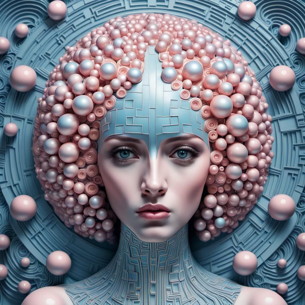 pastel blue and pink art deco woman’s face surrounded by op art ...