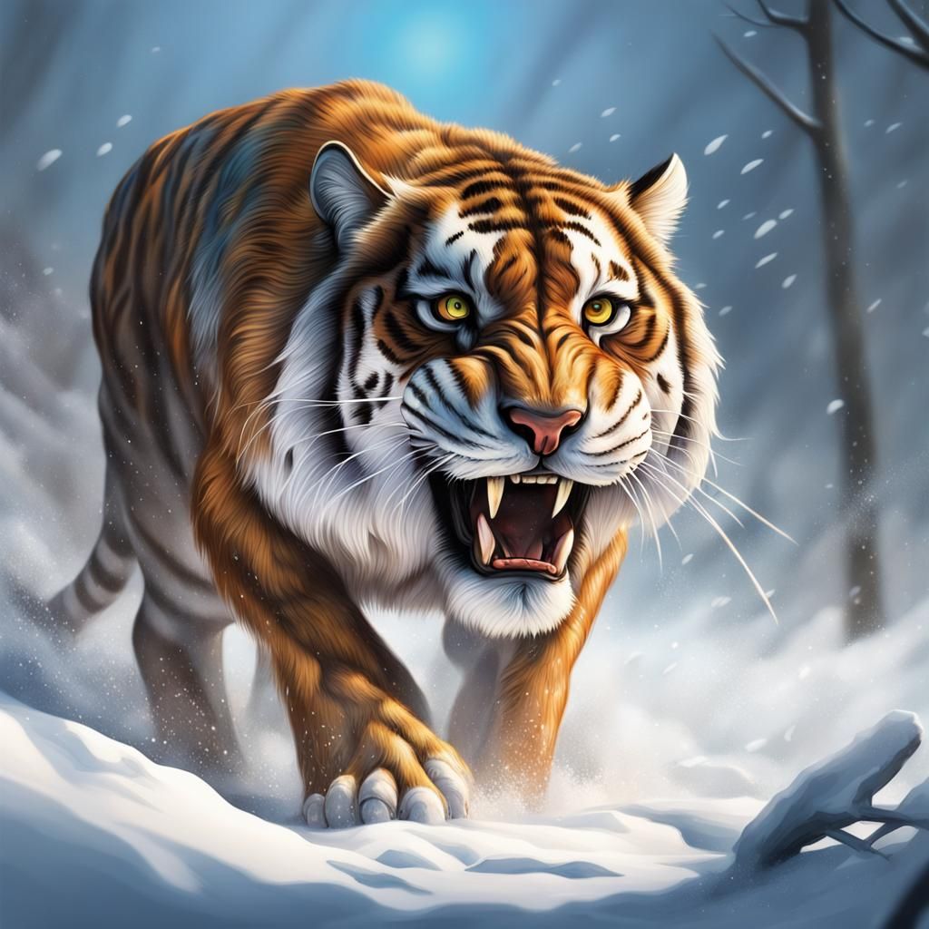 prehistoric saber tooth realistic, splash art, concept art, ...