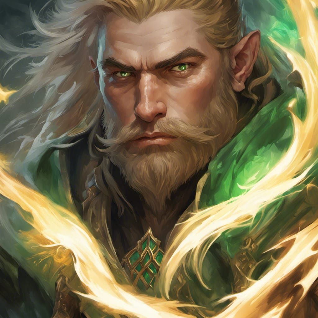 young dwarf warrior sorcerer psychic green flame blond hair blond beard ...