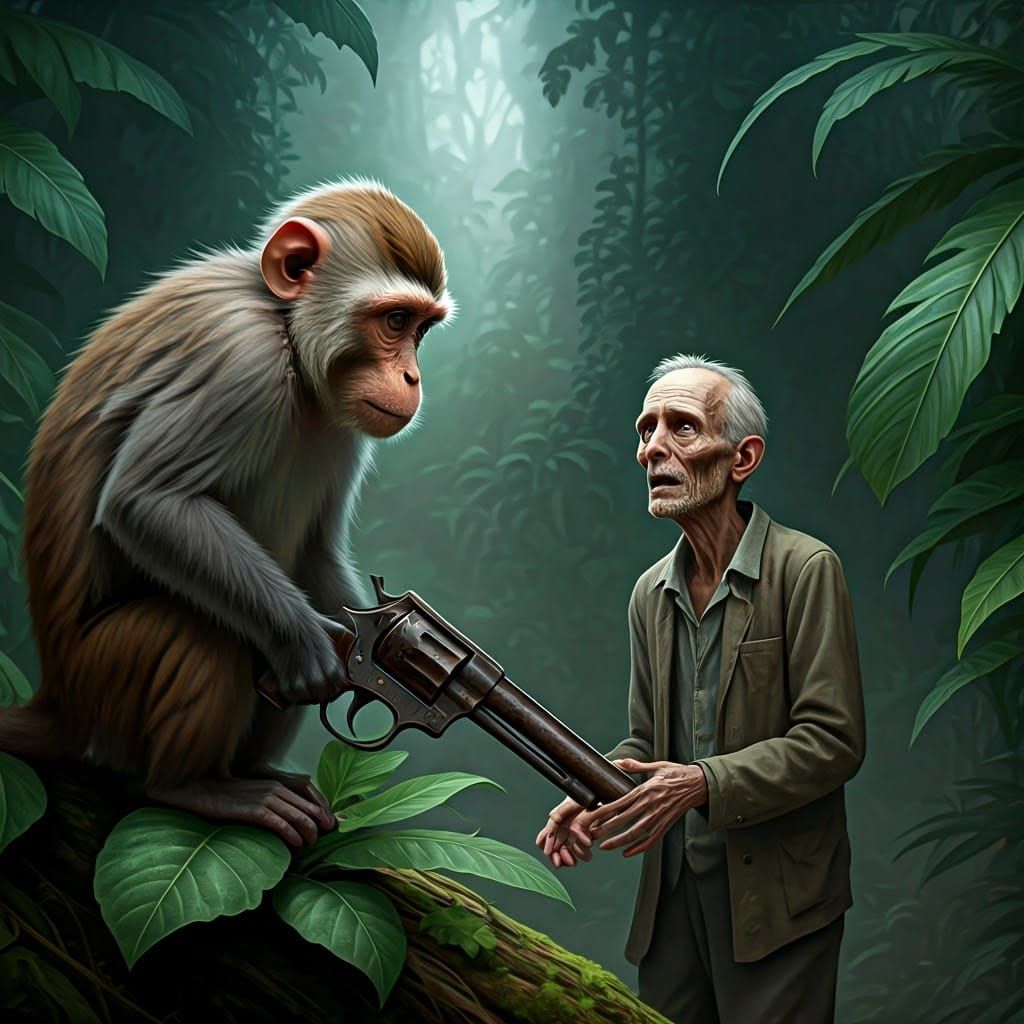 Monkey Holds Man Hostage in Fantastical, Hyper-Realistic Sce...