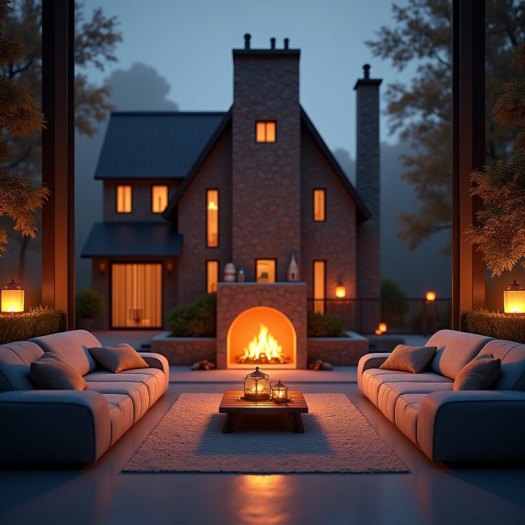 Modern House with Fireplace in Fantasy Concept Art Style