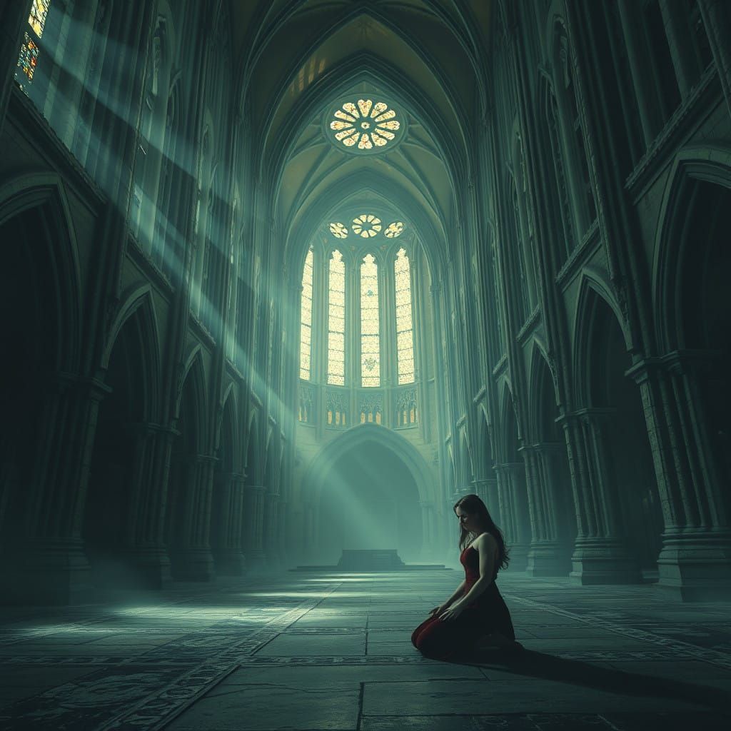 Ethereal Woman in a Haunted Gothic Cathedral