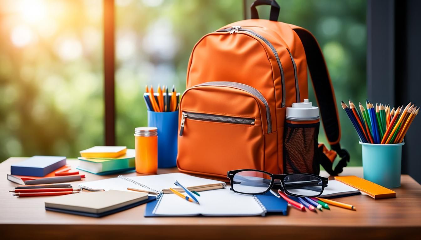 Orange backpack with school supplies on table. Back to schoo...