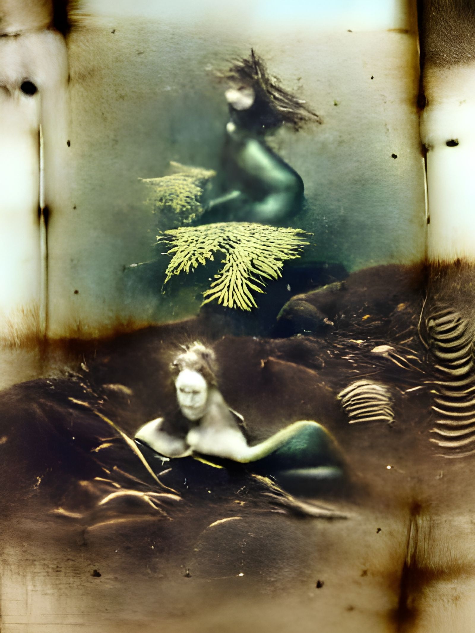Sirens in a seaweed forest, underwater Daguerreotype, 1859