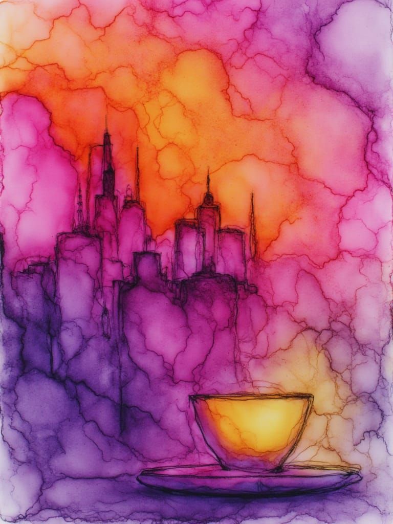 <lora:Neon Alcohol Ink:1.0> female,  coffee, created in neon alcohol ink, purple, red, orange