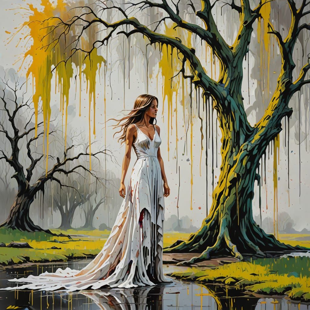 Surreal Woman Contemplates a Weeping Willow in a Dripping Sp...