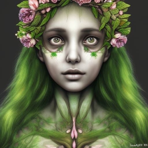 tree spirit, dryad, beautiful face, perfect face, flower crown, nature ...