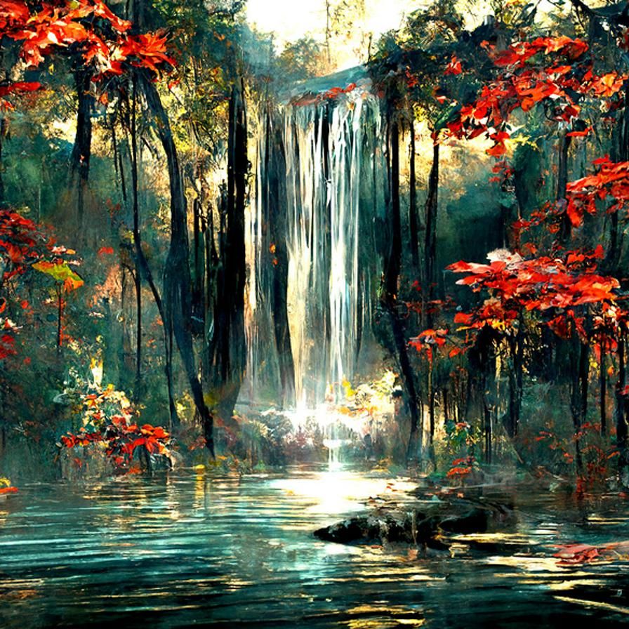 Waterfall and forest with red leaves  by @Gokiburi