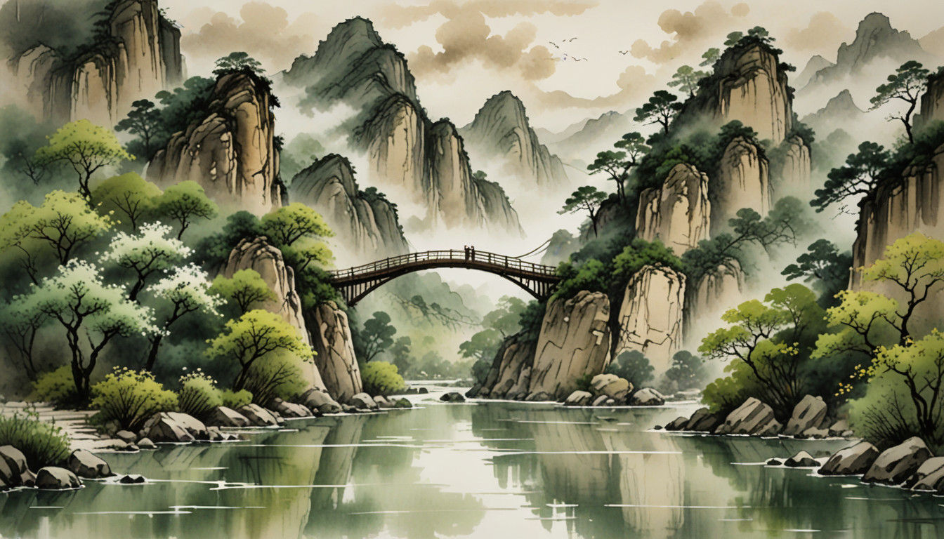 traditional chinese ink art, a rope bridge  by @Ithil
