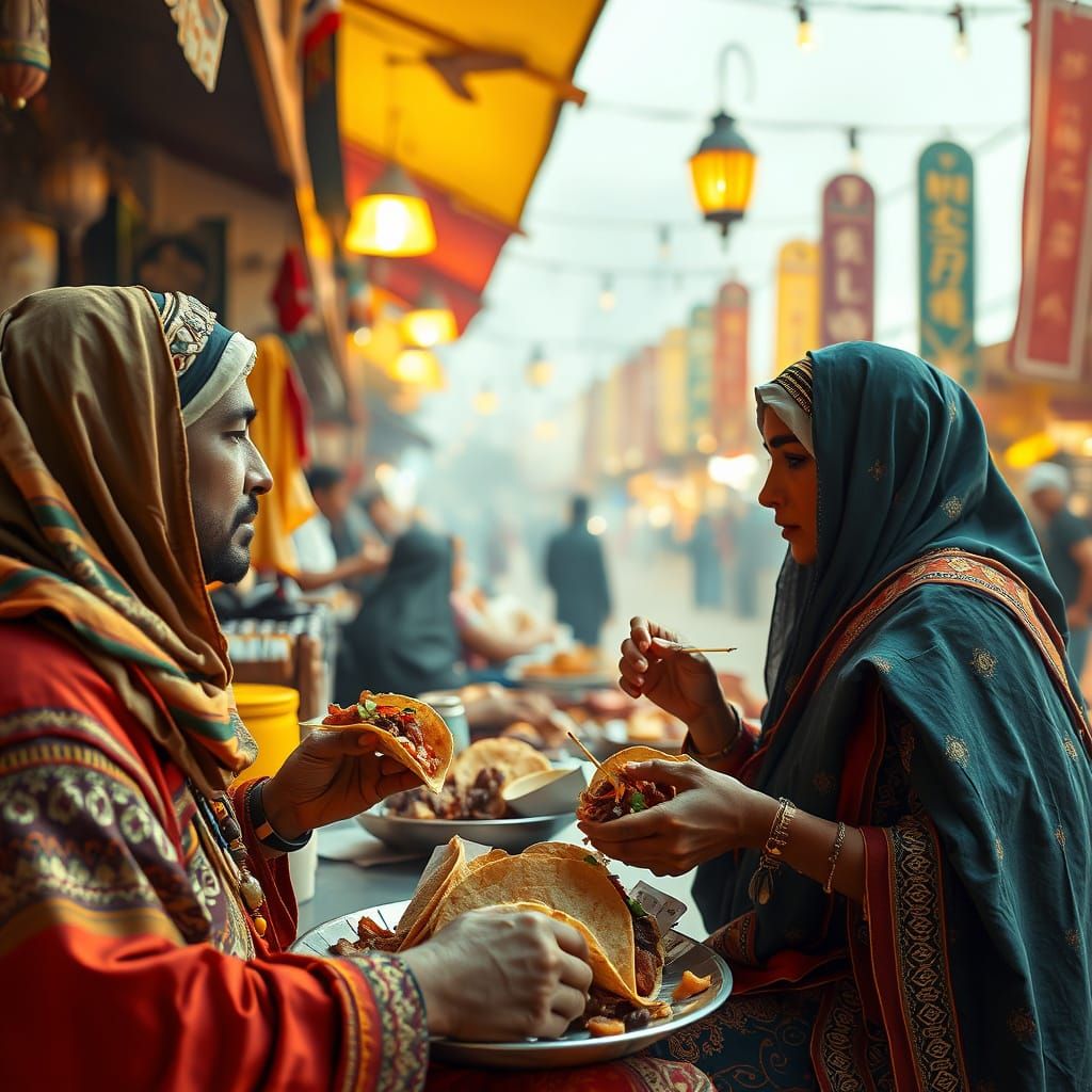 Egyptians Enjoy Tacos in Vibrant Marketplace Art